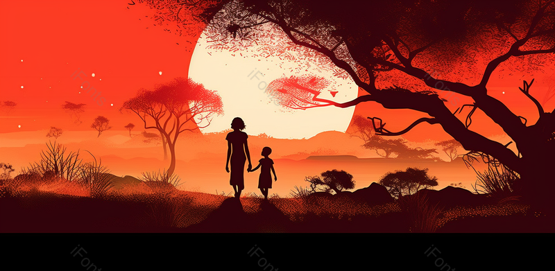 温馨夕阳牵手孩子母亲节感恩母亲简约手绘背景,插画/手绘图,插画/手绘图库,插画/手绘图下载,插画/手绘